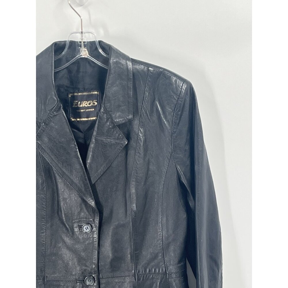 Euros Black Leather Blazer Jacket Moto Mob Wife Sz 42 Sz Large - Picture 2 of 5